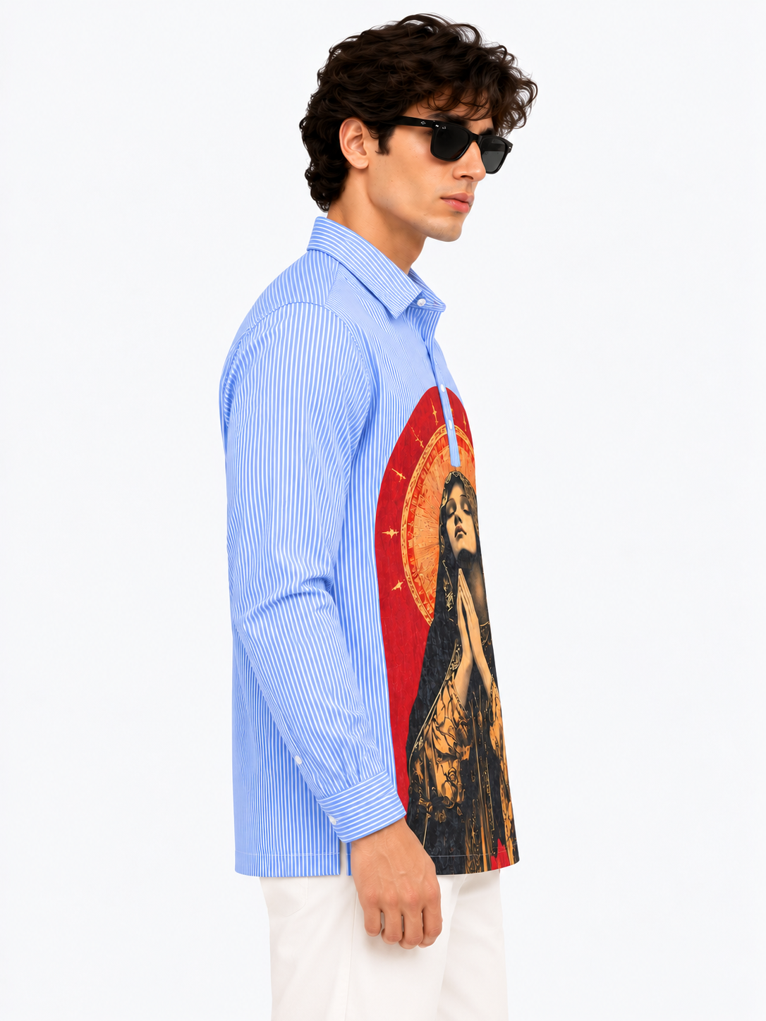 Men’s Blue Pinstripe Graphic Printed Short Kurta