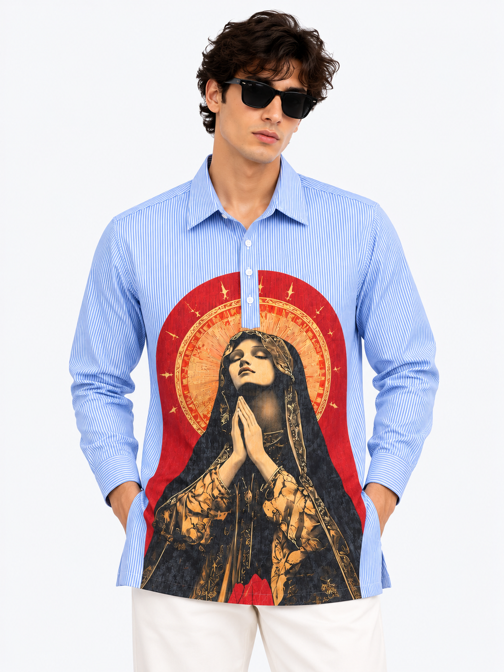 Men’s Blue Pinstripe Graphic Printed Short Kurta