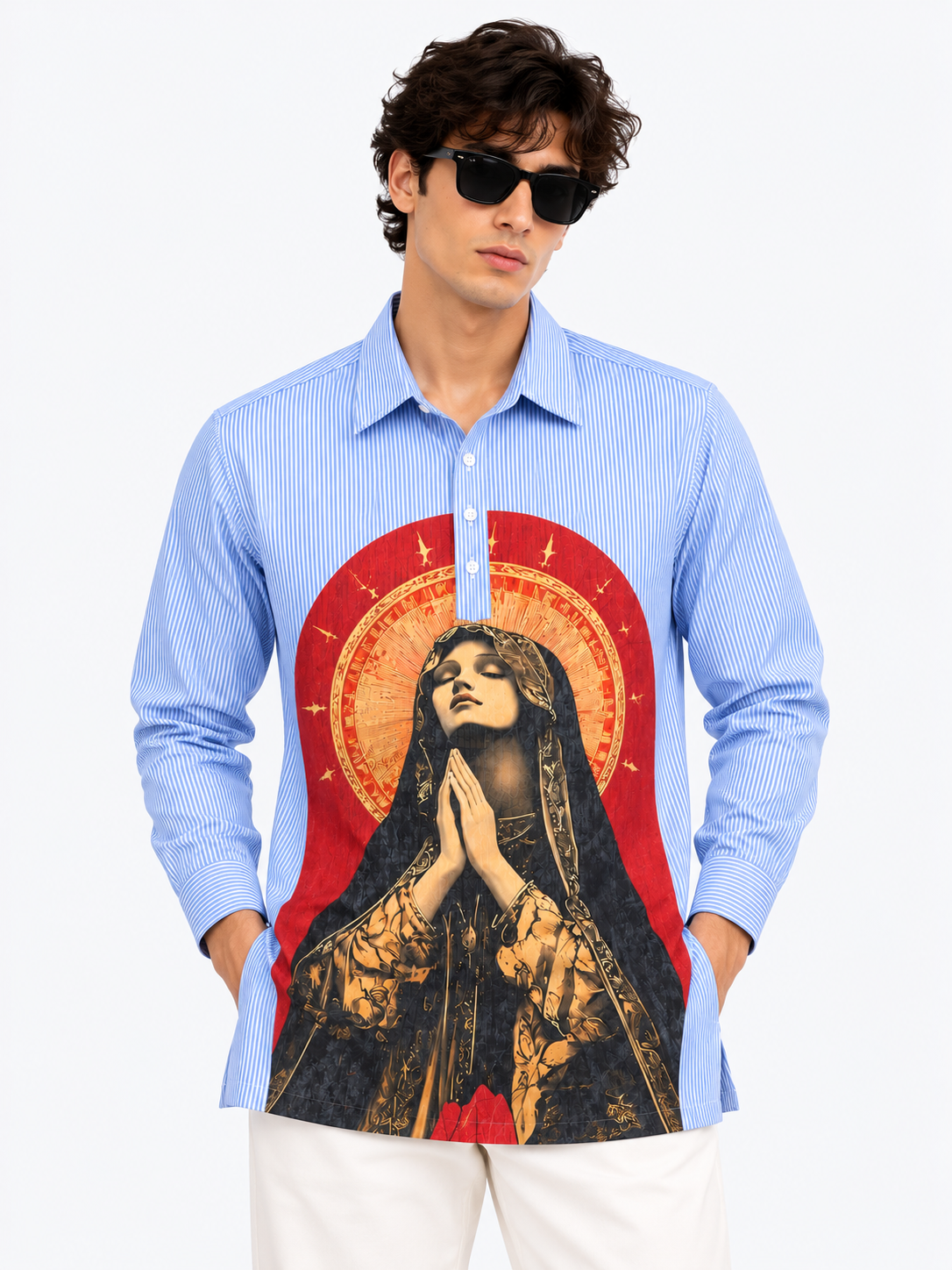 Men’s Blue Pinstripe Graphic Printed Short Kurta