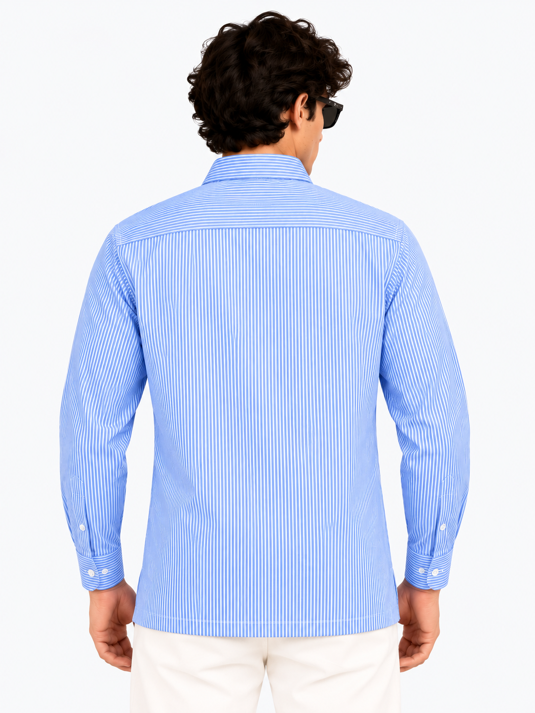 Men’s Blue Pinstripe Graphic Printed Short Kurta